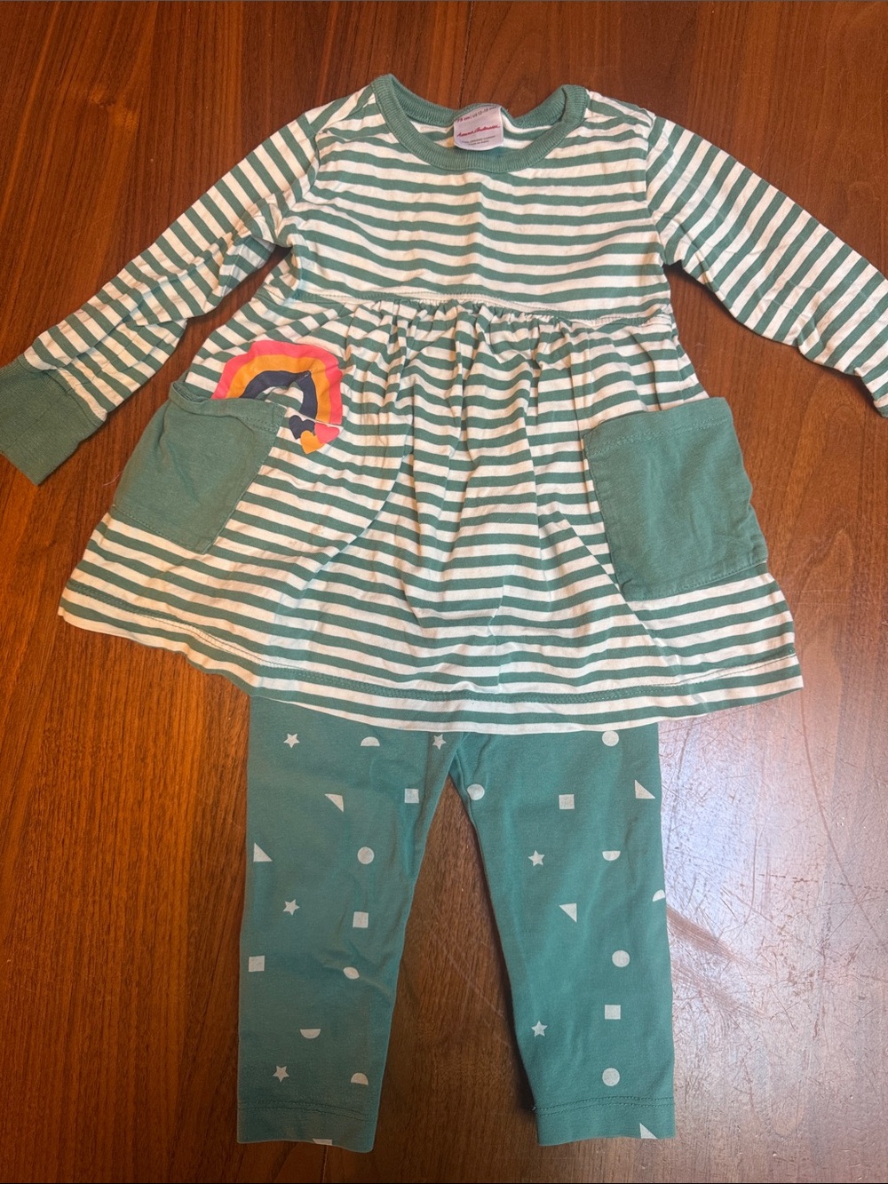 Hanna Andersson Green & White Striped Dress and Leggings Set with Rainbow Patch